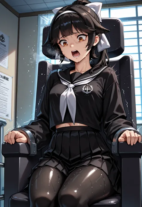 masterpiece, best quality, absurdres, highres, 1girl, solo, takao \(school romanza\) \(azur lane\), age down, small breasts, medium hair, school uniform, black uniform, black skirt, black pantyhoses, breathing, shaking, shivering, sweating, sitting,cowboy ...