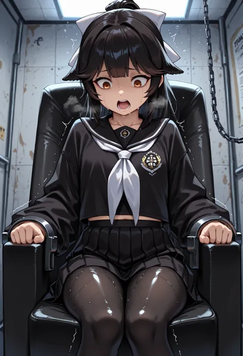 masterpiece, best quality, absurdres, highres, 1girl, solo, takao \(school romanza\) \(azur lane\), age down, medium hair, school uniform, black uniform, black skirt, black pantyhoses, breathing, shaking, shivering, sweating, sitting,cowboy shot, restraint...