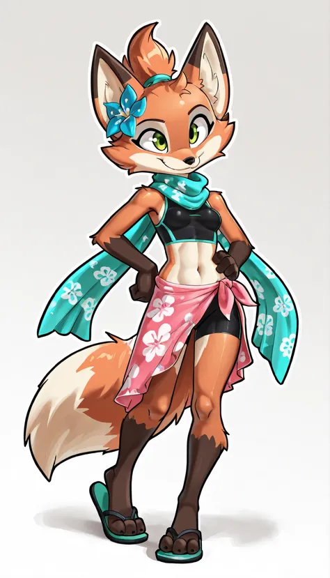 score_9, score_8_up, score_7_up, 1girl, source furry, absurdres, masterpiece, best quality, amazing quality, siroc, solo, dynamic angle, fleetfox, furry, fox, orange fur, green eyes, female, short hair, spiky pointed bangs tuft, ((fleetSummer, black tankin...
