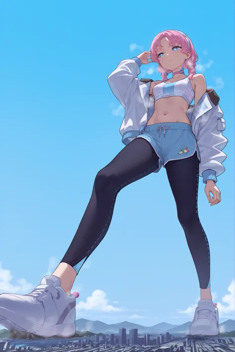 Blue_poison_\(Shallow water_\), Blue eyes , pink hair , Twin Tails, hair band, earrings on the back of the foot, Pink Choker, Bare Shoulders,sports bra,midriff,white jacket with dress , Open Jacket, Blue shorts,black leggings, Sneakers , sweat, (giants:1.4...