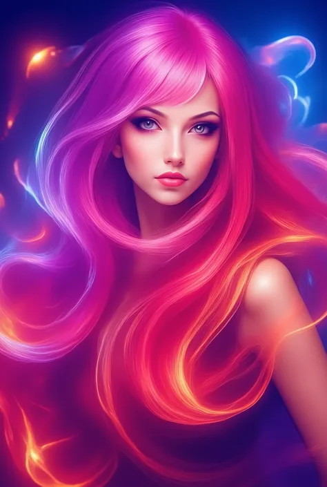 Image is a vibrant digital artwork featuring a woman with long, flowing hair in shades of pink, purple, and orange, creating a striking gradient effect. Her skin is smooth and fair, with a subtle glow that complements the vivid colors of her hair. She has ...