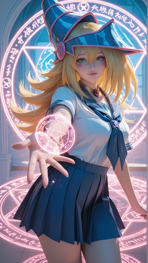 Dark Magician girls. realistic, Medium Shot Like a Painting of a Seductive White Woman, 2, 5'9" tall, perfect, Graceful physique . Her Long, Wavy Hair Is Vivid Turquoise Blue,.  She's Attractive //, Beautiful Woman in School Uniform,  Her pose is fluid and...
