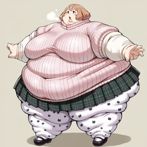 defHaru, short hair, pink ribbed sweater, turtleneck sweater, short over long sleeves, plaid skirt, pleated skirt, print pantyhose, mary janes, breasts, fat, chubby, obese, fat neck, multiple chins, big breasts open mouth, out of breath, Larger female, ful...