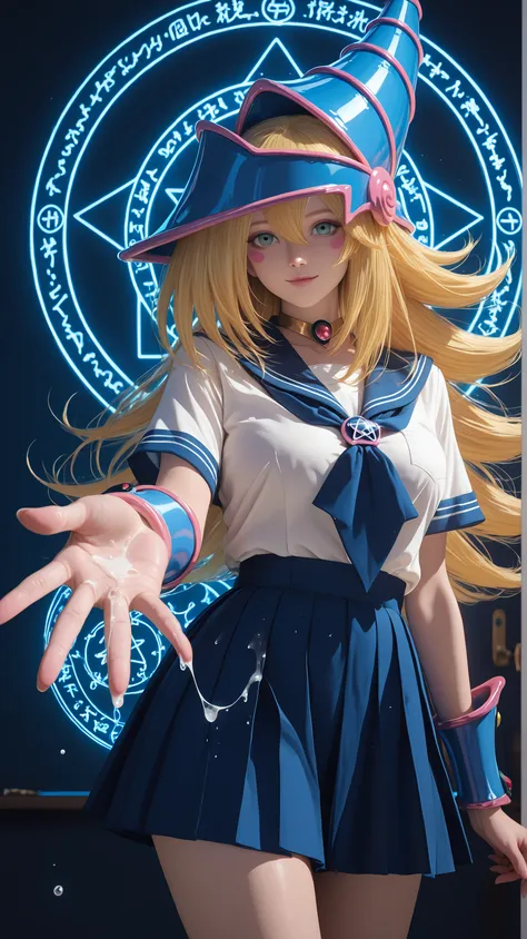 Dark Magician girls. realistic, Medium Shot Like a Painting of a Seductive White Woman, 2, 5'9" tall, perfect, Graceful physique . Her Long, Wavy Hair Is Vivid Turquoise Blue,.  She's Attractive //, Beautiful Woman in School Uniform,  Her pose is fluid and...