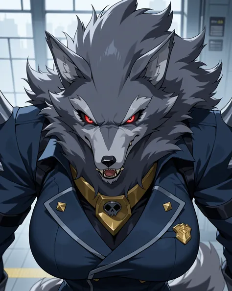 (Blitzwolfer, anthropomorphic wolf-like creature: 1.4), 1girl, solo, dark bluish-gray head, big breasts, prominent fangs, mane, cel shading, bold outlines, simplified shading, exaggerated proportions, clean lines, solid colors, even and uniform lighting, h...