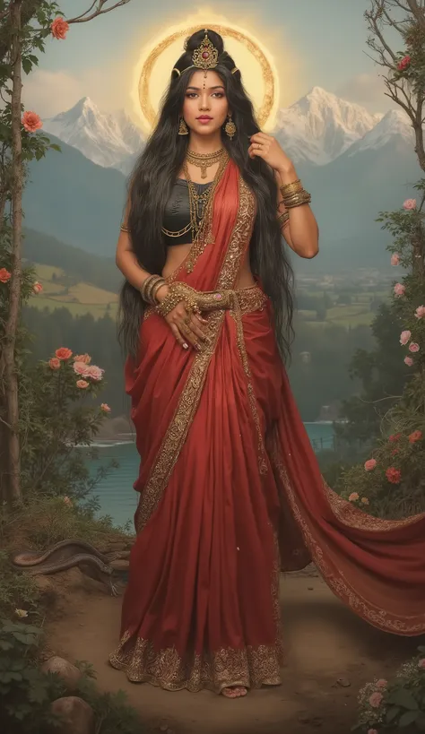 Create a detailed illustration of Khodiyar Goddess in traditional Hindu iconographic style. She stands in a divine, serene posture with her right hand raised in the Abhaya Mudra (blessing gesture). Her complexion is fair and glowing with an ethereal radian...