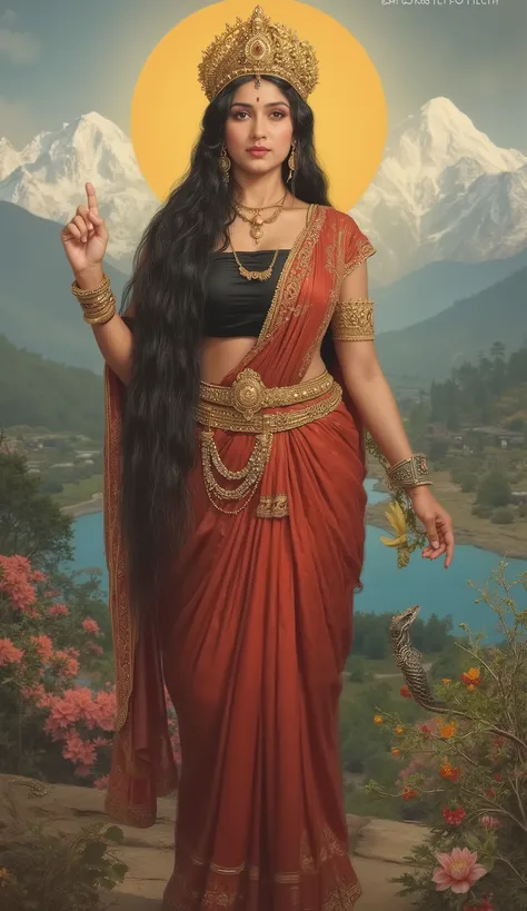 Create a detailed illustration of Khodiyar Goddess in traditional Hindu iconographic style. She stands in a divine, serene posture with her right hand raised in the Abhaya Mudra (blessing gesture). Her complexion is fair and glowing with an ethereal radian...