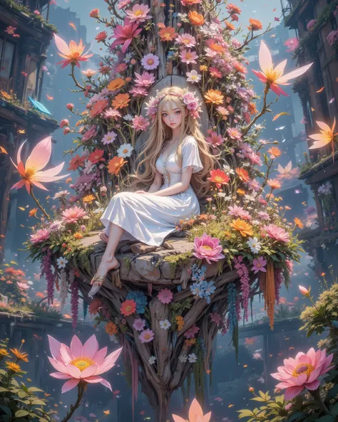 A floating island adorned with an aerial garden bursting into an explosion of colors. Countless luminous flowers bloom in vivid hues, forming a mesmerizing paradise. A woman sits elegantly amidst this radiant display, her presence serene yet enchanting. Th...
