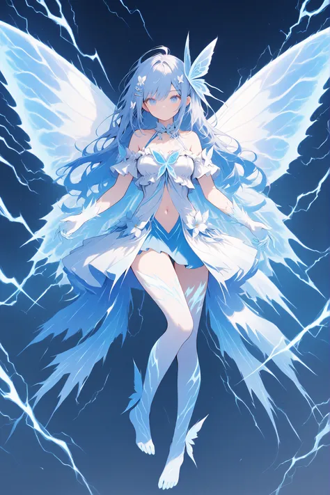 Sexy off-the-shoulder dress, white and blue style, bare shoulders, butterfly hair ornament, crossed straps, blue wings, butterfly wings, thunder wings, fairy wings with thunder, swimsuit-style skirt, blue and white outfit, ruffled blouse, sensual dress, fl...