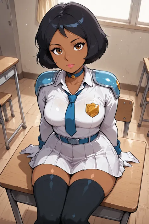  totally_spies_2k24 alex, black hair, short hair, brown eyes, dark-skinned female, pink lips, medium breasts, choker. | 1girl, solo, closed mouth, St_Arcadia_Uniform, school uniform, clothes, shoulder pads, necktie, long sleeves, pleated skirt, black thigh...
