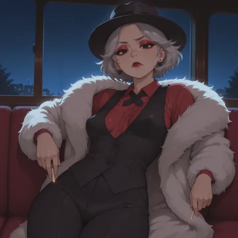 Grandma. gray hair, black eyes, short hair, dark red lips, wrinkles, earrings, makeup, small saggy breasts, cowboy shot, frown ,looking at viewer, masterpiece, best quality, amazing quality.| score_9,score_8_up,score_7_up,score_6_up,source_anime,rating_que...