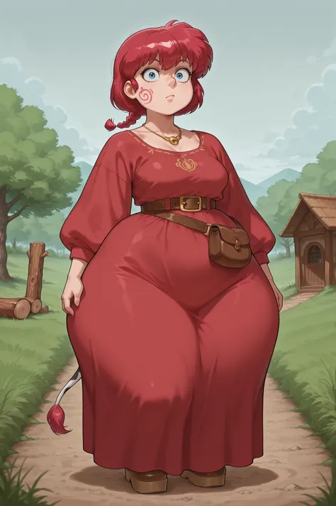 safe_pos, Ranma Saotome. red hair. pigtail. blue eyes. braid. small breasts. huge hips. necklace. black eyeliner. pink manicure. | Medieval beginner’s village at dusk, stern village chief in command, non‑transparent rustic attire (long coarse skirt, oversi...