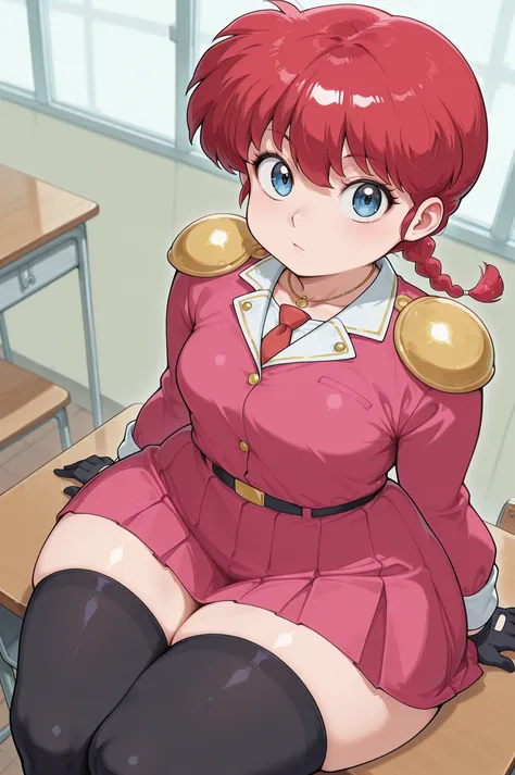 safe_pos, Ranma Saotome. red hair. pigtail. blue eyes. braid. small breasts. huge hips. necklace. black eyeliner. pink manicure. | 1girl, solo, closed mouth, St_Arcadia_Uniform, school uniform, clothes, shoulder pads, necktie, long sleeves, pleated skirt, ...