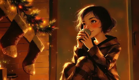A cozy fireplace scene, crackling fire, warm lighting, empty stockings are decorating the fireplace and a woman, is sitting by the fireplace drinking hot chocolate in pijamas, in the background a majestic christmas tree. 