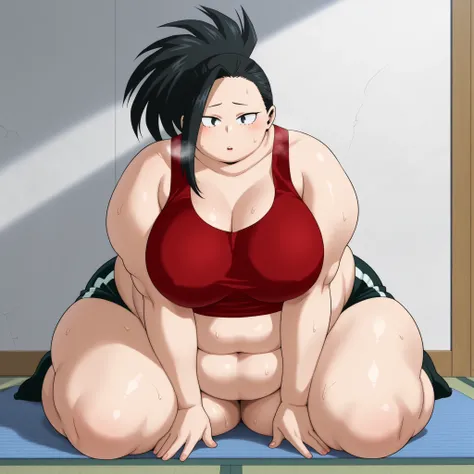 high resolution picture, masterpiece, best quality, amazing quality, , Momo Yaoyorozu from My Hero Academia ,1girl, solo, m0y4, black hair, ponytail, black eyes
large breasts, BREAK (curvy), NSFW, sweat, parted lips, tank top, midriff, bla...