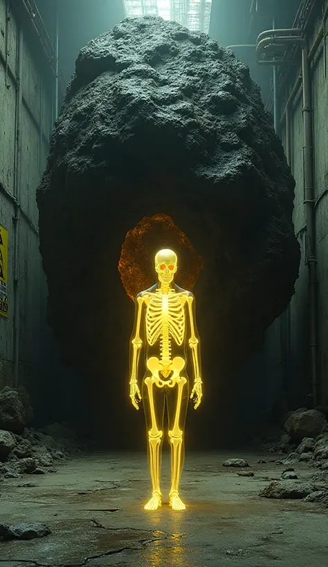 A full-body transparent human figure with a pale yellow skeleton standing in the foreground. Behind the figure, a massive irregular radioactive rock formation, dark black and deep brown, with a melted lava-like texture, glowing from inside with a subtle ye...