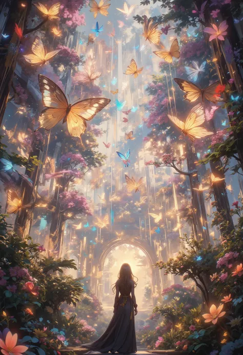Ultra-detailed, cinematic masterpiece capturing a breathtaking **aerial garden**, where countless glowing flowers and iridescent, translucent butterflies drift effortlessly through the sky. Their vibrant petals shimmer in radiant hues of **crimson, gold, p...