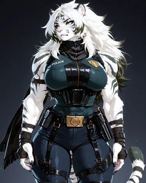 2XKO,,nsfw, best quality, tall, muscular,best quality,furry, anthro, 1girl, solo, white tiger, dark green stripes, muscular, large chest, big breasts, thick thighs, tail, claws, long and full hair,white hair with dark green tips, loose hair, pointed ears, ...