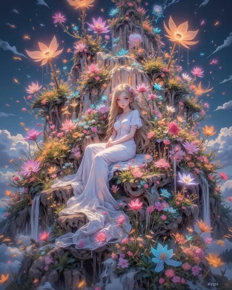 A floating island adorned with an aerial garden bursting into an explosion of colors. Countless luminous flowers bloom in vivid hues, forming a mesmerizing paradise. A woman sits elegantly amidst this radiant display, her presence serene yet enchanting. Th...