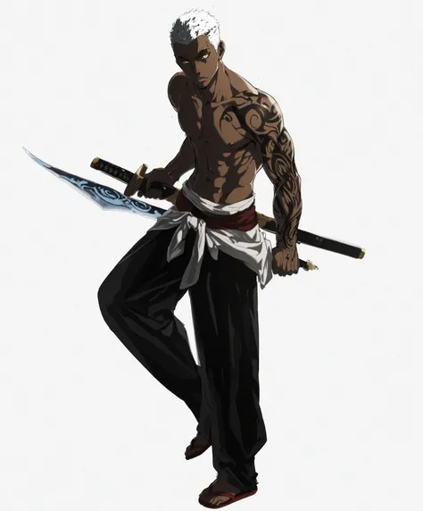 An anime-style character, a dark-skinned man with white hair and striking yellow eyes, is positioned against a smooth white background.  Your muscles , , the shirtless torso is adorned with intricate black tattoos covering your left arm and shoulder.  He w...