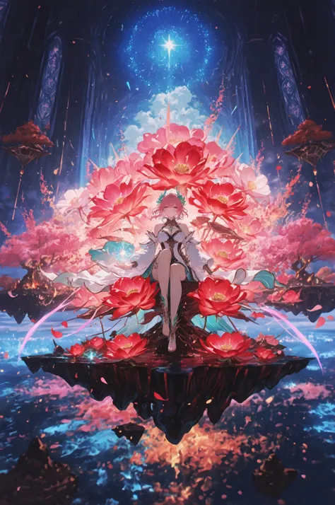 A floating island adorned with an aerial garden bursting into an explosion of colors. Countless luminous flowers bloom in vivid hues, forming a mesmerizing paradise. A woman sits elegantly amidst this radiant display, her presence serene yet enchanting. Th...