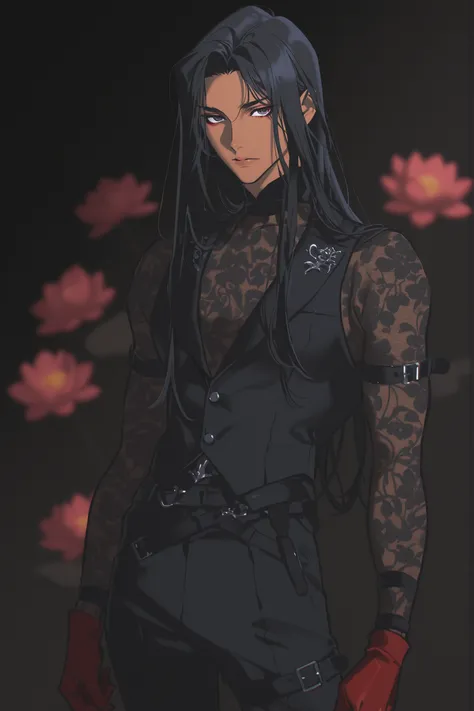 best quality, masterpiece, 1man, male character, black_hair, brown_skin, dark_skin, long_hair, red lotus, tattoed man, tattoos, floral pattern, ink splash, straight_hair, neutral expression, mature face, dark fantasy, belts, leg belt, arm belt, pattern un...