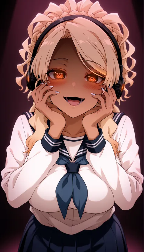 <lora:Yamamoto-000076:1> ,Yamamoto, blonde hair , brown eyes, crown braid , large breasts, dark-skinned female, white nails, gyaru , ahoge, shirt, long sleeves, school uniform, white shirt, pleated skirt, serafuku, sailor collar, blue skirt, neckerchief, b...