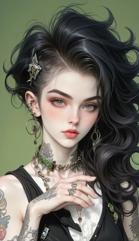 woman with straight black hair moving in the wind , She bangs herself to the eyebrows:1.4, with tattoos on arms and legs posing for a photo , Portrait of Kim Petras, ava max, punk-style spiked dog collar on the neck , using spikes and piercings , mode...