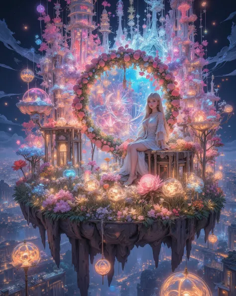 A floating island adorned with an aerial garden bursting into an explosion of colors. Countless luminous flowers bloom in vivid hues, forming a mesmerizing paradise. A woman sits elegantly amidst this radiant display, her presence serene yet enchanting. Th...