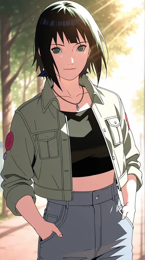 Naruto anime style girl, long black hair, bright green eyes, soft smile; casual modern outfit: fitted black crop top, light denim jacket, high-waisted jeans, simple necklace with small charm; relaxed pose with one hand in pocket; sunlight filtering through...