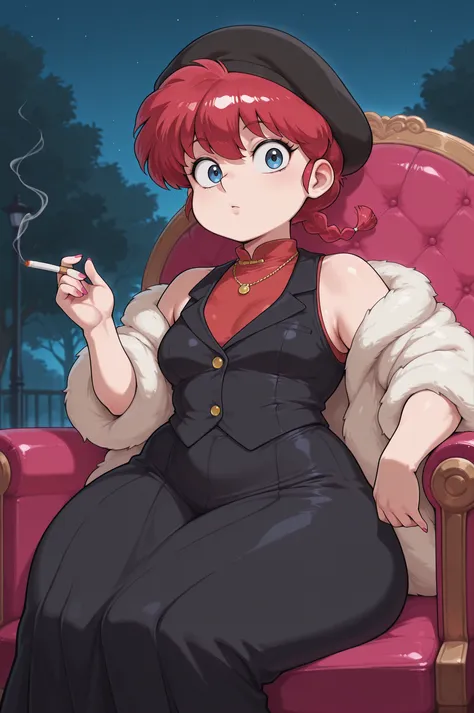 safe_pos, Ranma Saotome. red hair. pigtail. blue eyes. braid. small breasts. huge hips. necklace. black eyeliner. pink manicure. | score_9,score_8_up,score_7_up,score_6_up,source_anime,rating_questionable, solo,1girl, mafioso, night,holding cigarette, loun...