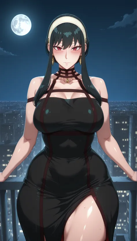 1woman, solo, mature, yor briar, black hair, red eyes, earrings, white hairband, hairband, long hair, sidelocks, dress, bare shoulders, jewelry, collarbone, sleeveless, black dress, halterneck, headband, white headband, medium breasts, thick plumpy thighs,...