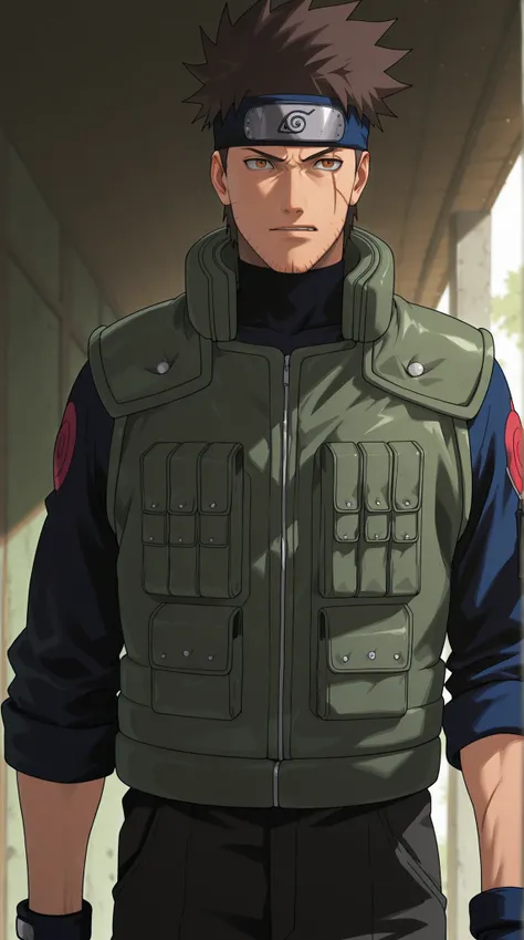 Male jōnin from Naruto-style. Around 30 years old, tall and lean, messy dark brown hair, amber eyes, light stubble. Calm and mysterious expression. Dark tactical vest, black undershirt, charcoal pants, fingerless gloves, Konoha headband tilted. Eye scar. D...