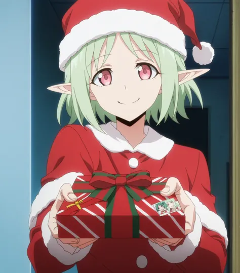 score_9, score_8_up, score_7_up, source_anime, very aesthetic, anime screencap, anime coloring, 1 girl, anime, around 19~, solo, elf ears, happy smile, Christmas clothes, green hair, Christmas hat, giving a gift box to the viewer