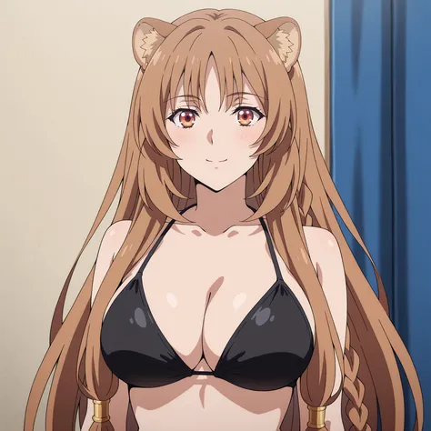 Horikita Suzune and Raphtalia, with orange eyes, a new hairstyle (long hair with a center fringe and a side braid), and rounded ears, is curvy and has large breasts. black bikini, She stands in the middle of a blue room, with a cheerful and flirtatious exp...