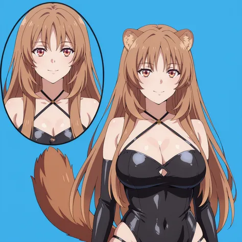 Horikita Suzune and Raphtalia. Raphtalia has amber eyes, rounded ears and a new hairstyle: cabello largo, central fringe and a side braid. Both have a curvy figure and large breasts. Wear tight black bikinis. They are located in the center of a blue room, ...