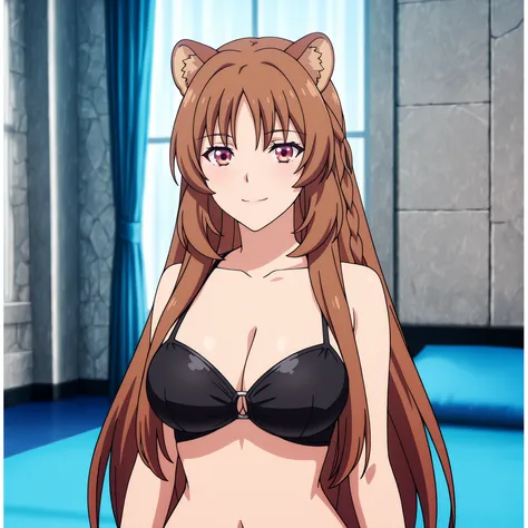 Horikita Suzune and Raphtalia. Raphtalia has amber eyes, rounded ears and a new hairstyle: cabello largo, central fringe and a side braid. Both have a curvy figure and large breasts. Wear tight black bikinis. They are located in the center of a blue room, ...