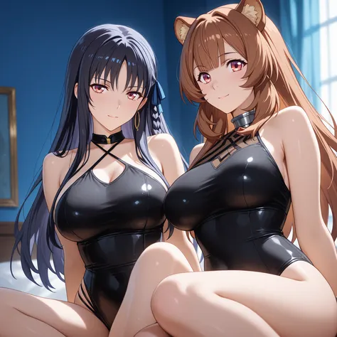 Horikita Suzune and Raphtalia. Raphtalia has amber eyes, rounded ears and a new hairstyle: cabello largo, central fringe and a side braid. Both have a curvy figure and large breasts. Wear tight black bikinis. They are located in the center of a blue room, ...