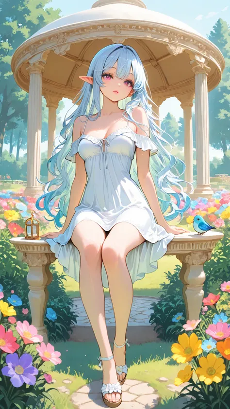 masterpiece:1.3), (best quality), (high resolution), (32k) ,(beautiful garden with a European-style gazebo in the center. The gazebo has a white round roof and white pillars, and is surrounded by a colorful flower bed. The flowers are in shades of pink, pu...