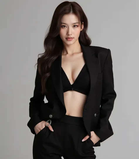 Sana twice, she is wearing a tight suit, she is smiling seductively