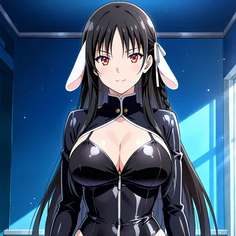  Horikita Suzune  has amber eyes, rounded ears and a new hairstyle: cabello largo, central fringe and a side braid. Both have a curvy figure and large breasts. Wear tight black bikinis. They are located in the center of a blue room, showing cheerful and fl...