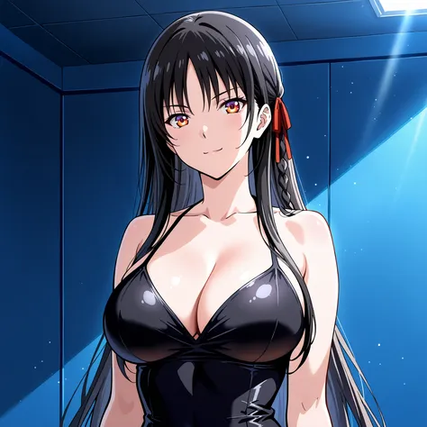  Horikita Suzune  has amber eyes, rounded ears and a new hairstyle: cabello largo, central fringe and a side braid. Both have a curvy figure and large breasts. Wear tight black bikinis. They are located in the center of a blue room, showing cheerful and fl...