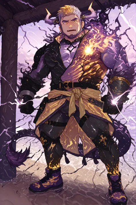 male devil playing in a water park,switch to a larger image, Background of the depiction.、his genitals are not depicted、burning in a yellow flame,more than the character Realistic,horns growing from purple lightning,The upper half of his devilish face is c...