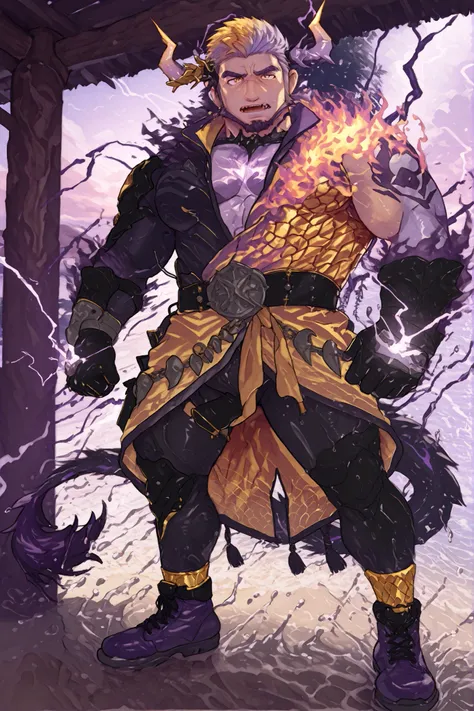 male devil playing in a water park,switch to a larger image, Background of the depiction.、his genitals are not depicted、burning in a yellow flame,more than the character Realistic,horns growing from purple lightning,The upper half of his devilish face is c...