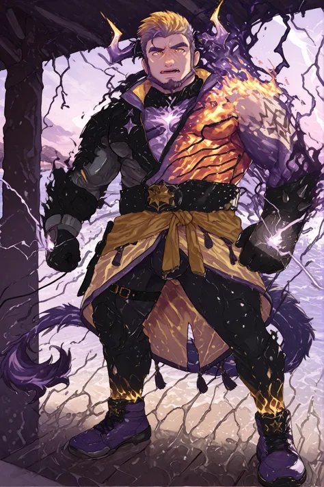 male devil playing in a water park,switch to a larger image, Background of the depiction.、his genitals are not depicted、burning in a yellow flame,more than the character Realistic,horns growing from purple lightning,The upper half of his devilish face is c...