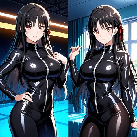  Horikita Suzune  has amber eyes, rounded ears and a new hairstyle: cabello largo, central fringe and a side braid. Both have a curvy figure and large breasts. Wear tight black bikinis. They are located in the center of a blue room, showing cheerful and fl...