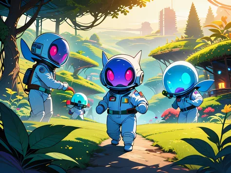 Astronauts exploring a lush alien farm with bioluminescent plants.