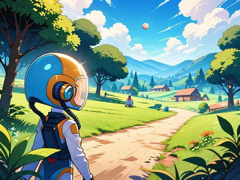 Alien astronauts exploring lush farms lands of earth