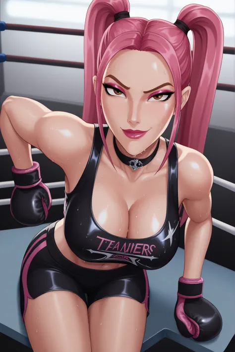 BREAK, score_6_up, score_7_up, score_8_up, score_9, 1girl, solo, kpdh_m1ra, long hair, dark pink hair, brown eyes, twintails, black choker, lipstick, makeup, official KPop Demon Hunters aesthetic, large breasts, busty, cleavage, curvy, athletic, looking at...