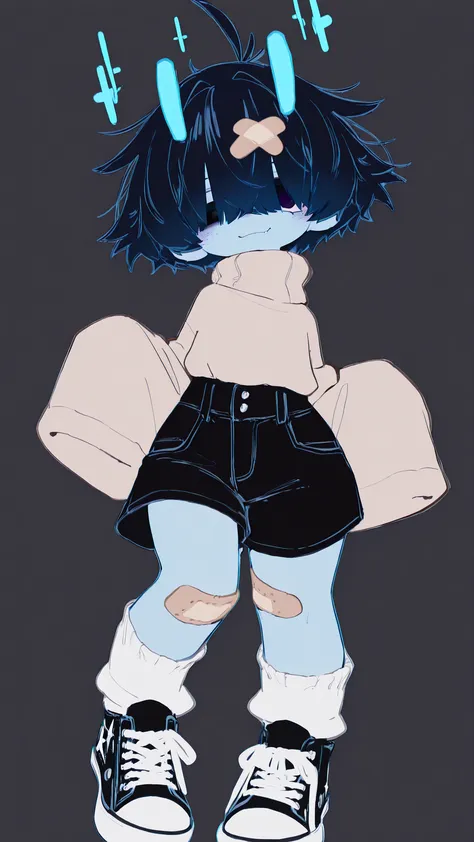 Solo, 4'0 Height, Femboy, boy, Otokonoko, human, human form, humanoid, Blue alien antennas, Messy Medium Short hair, black Dark Blue Hair, one turquoise eye, one indigo eye, Hair over eyes, Hair cover eyes, Oversized bang hair, Freckles, flat Chests, littl...